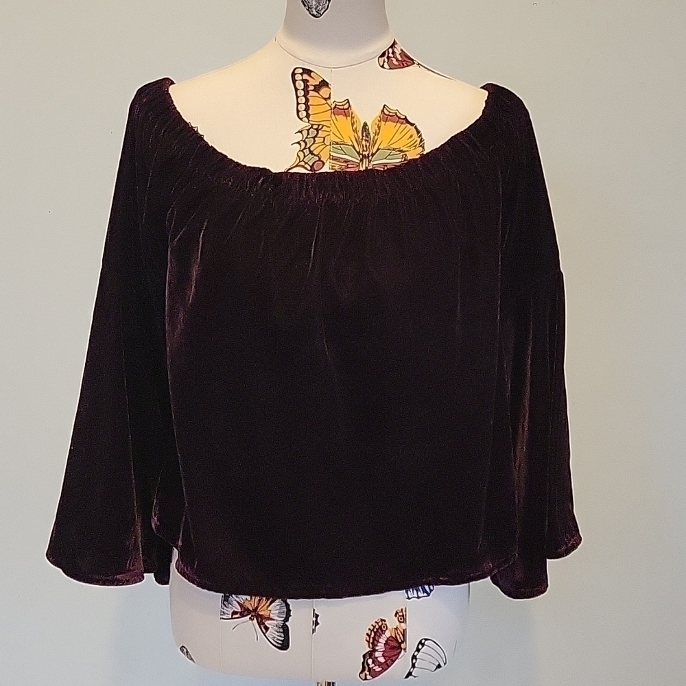 Deep Purple Off The Shoulder Velvet Bell Sleeved Top. Size Is M.
